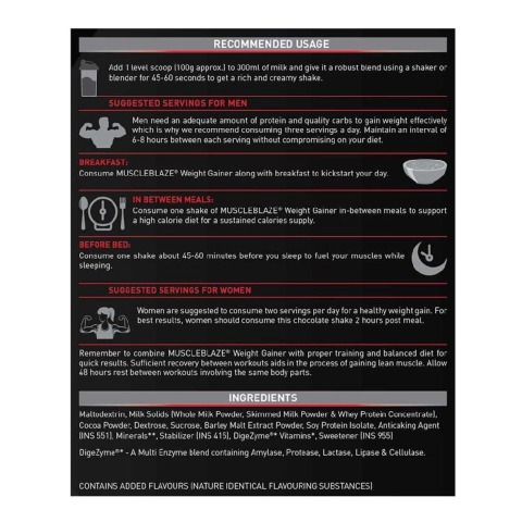RecommendedUsage - MuscleBlaze Weight Gainer with Added Digezyme, 6.6 lb Chocolate RecommendedUsage - MuscleBlaze Weight Gainer with Added Digezyme, 6.6 lb Chocolate