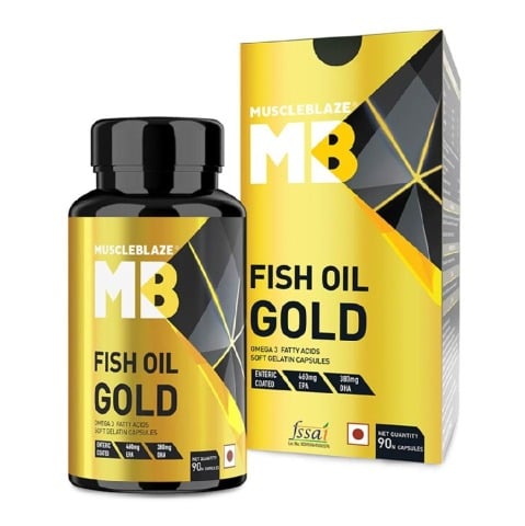 FrontBox&Bottle - MuscleBlaze Fish Oil Gold, 90 capsules FrontBox&Bottle - MuscleBlaze Fish Oil Gold, 90 capsules
