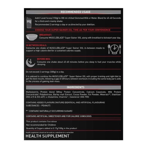 RecommendedUsage - MuscleBlaze Super Gainer XXL, 6.6 lb Choco Peanut RecommendedUsage - MuscleBlaze Super Gainer XXL, 6.6 lb Choco Peanut