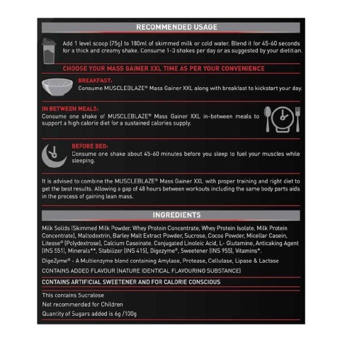 NRecommendedUsage - MuscleBlaze Mass Gainer XXL with Complex Carbs and Proteins in 3:1 ratio, 6.6 lb Chocolate NRecommendedUsage - MuscleBlaze Mass Gainer XXL with Complex Carbs and Proteins in 3:1 ratio, 6.6 lb Chocolate
