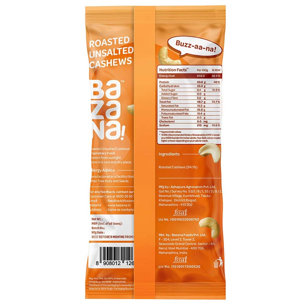back - Bazana Roasted Unsalted Snacks,  Cashews  15 Piece(s)/Pack 