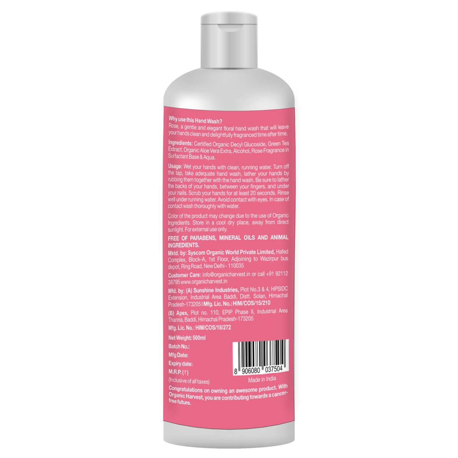Back - Organic Harvest Hand Wash,  Alcohol & Rose  500 ml  Fights All Viruses & Bacteria 