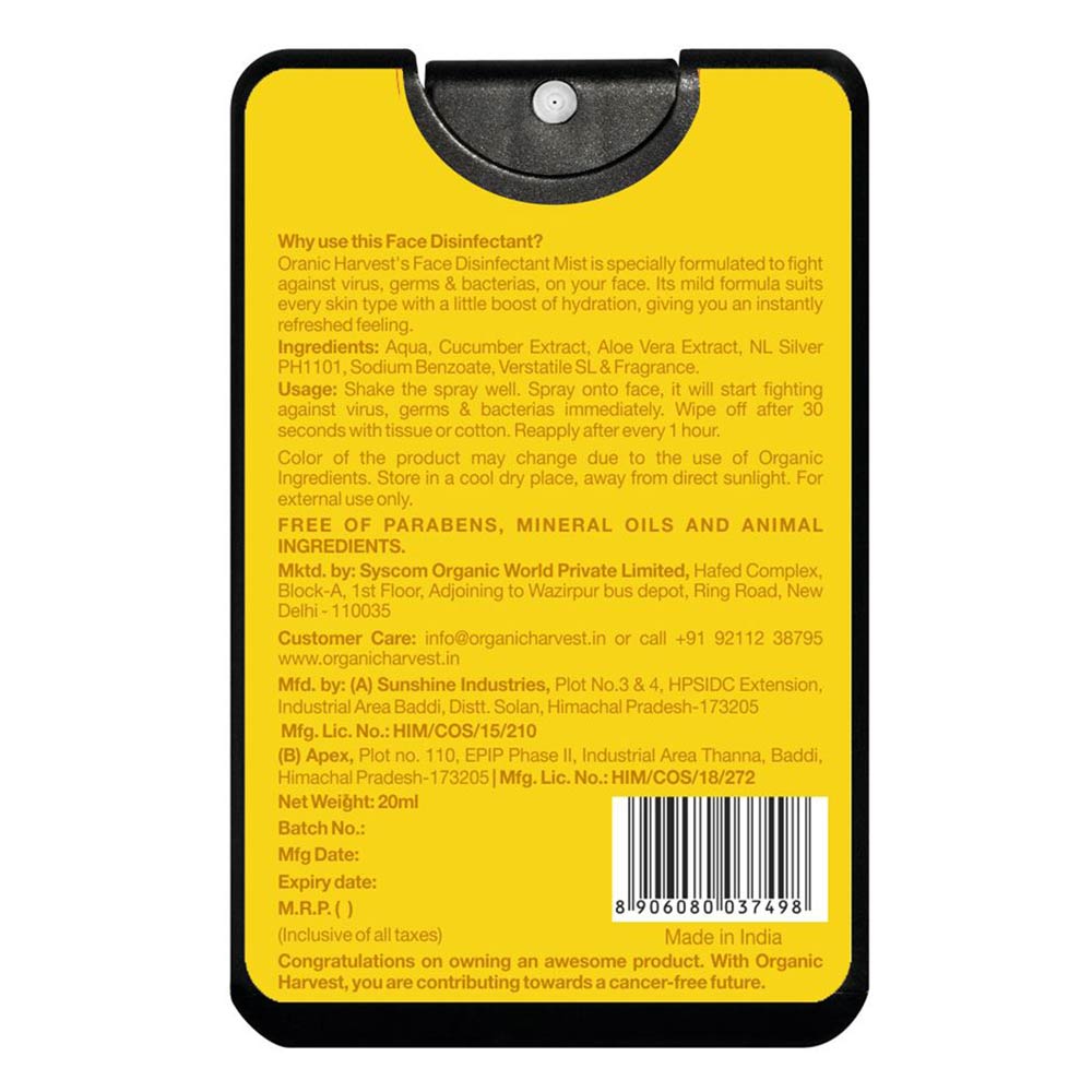 Back - Organic Harvest Face Disinfectant Mist,  Fragrance Free  20 ml  for Sensitive Skin (Pack of 2) 