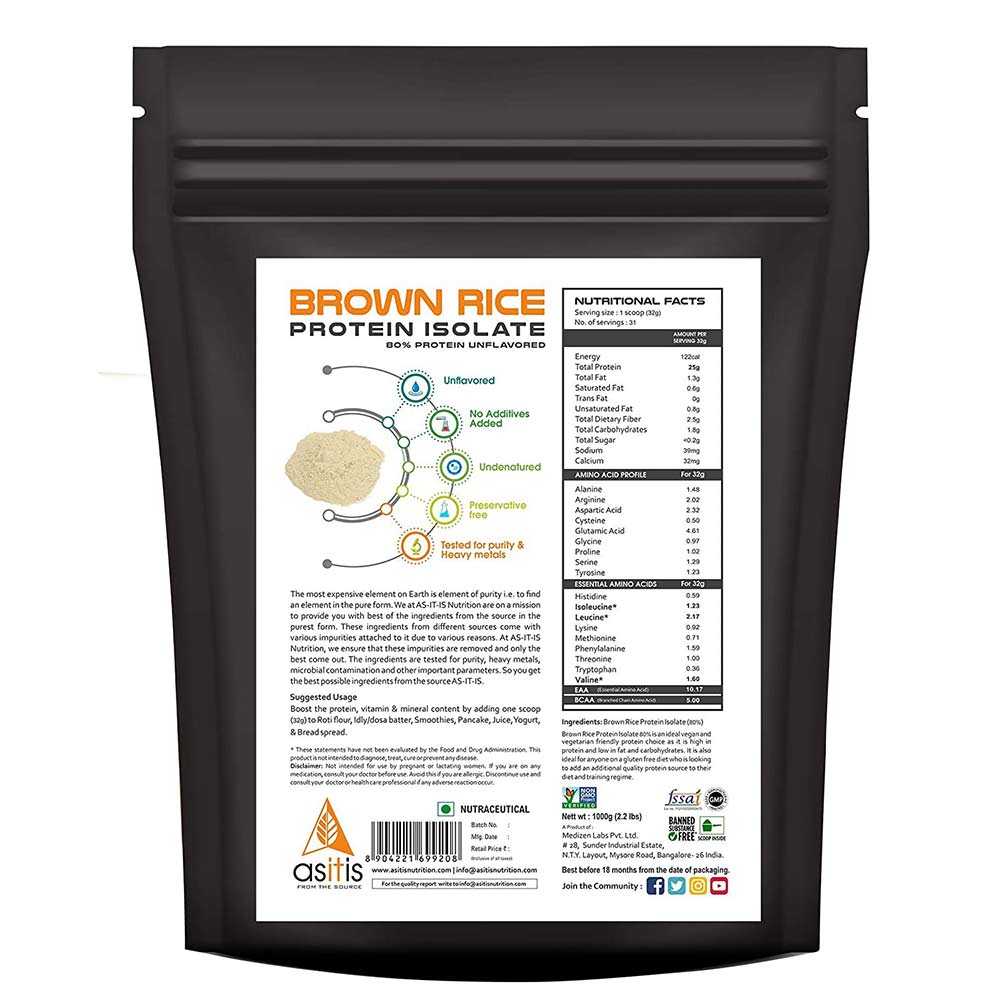 Asitis Nutrition Brown Rice Protein Isolate, 2.2 lb Unflavoured online