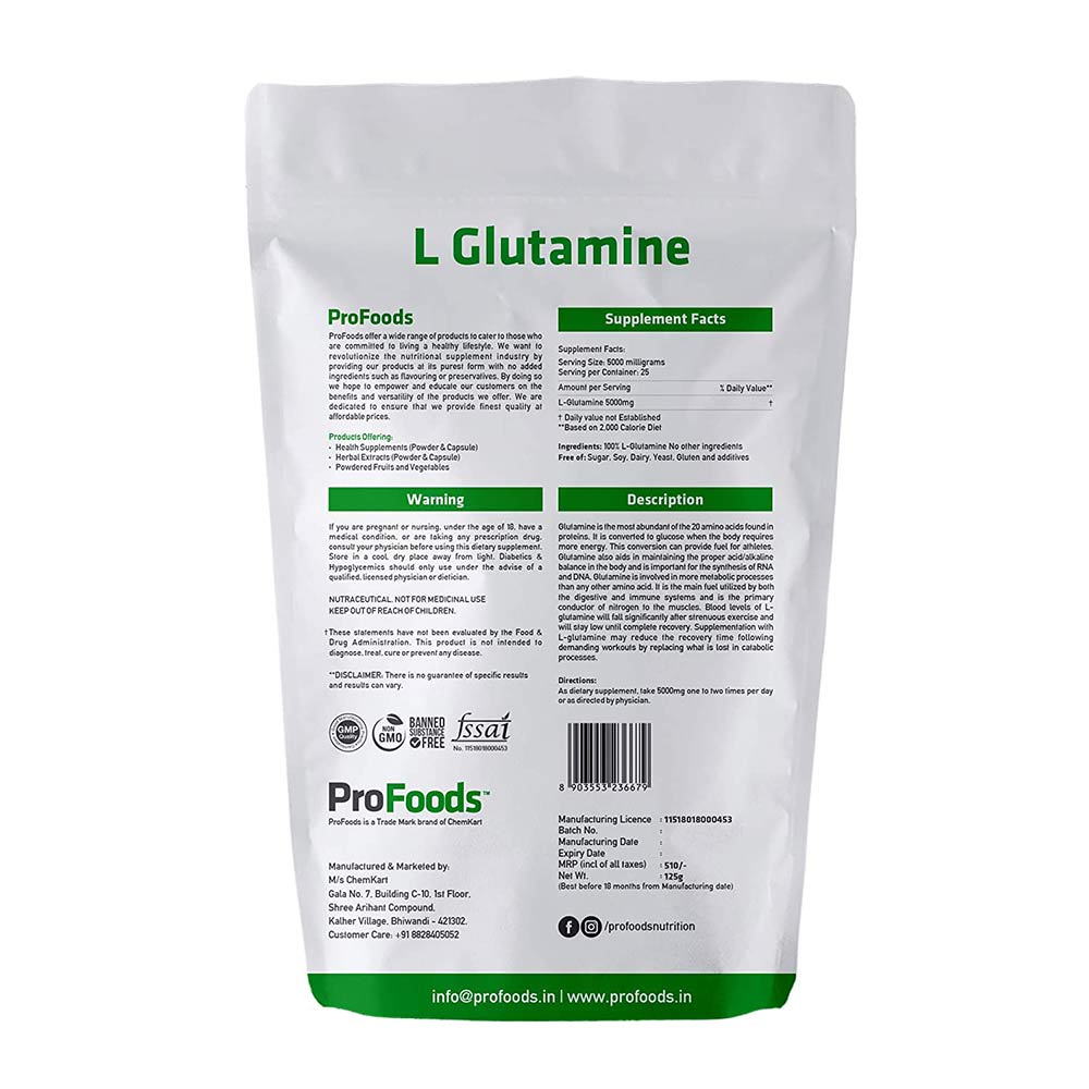 Back - ProFoods L Glutamine Powder,  0.28 lb  Unflavoured 