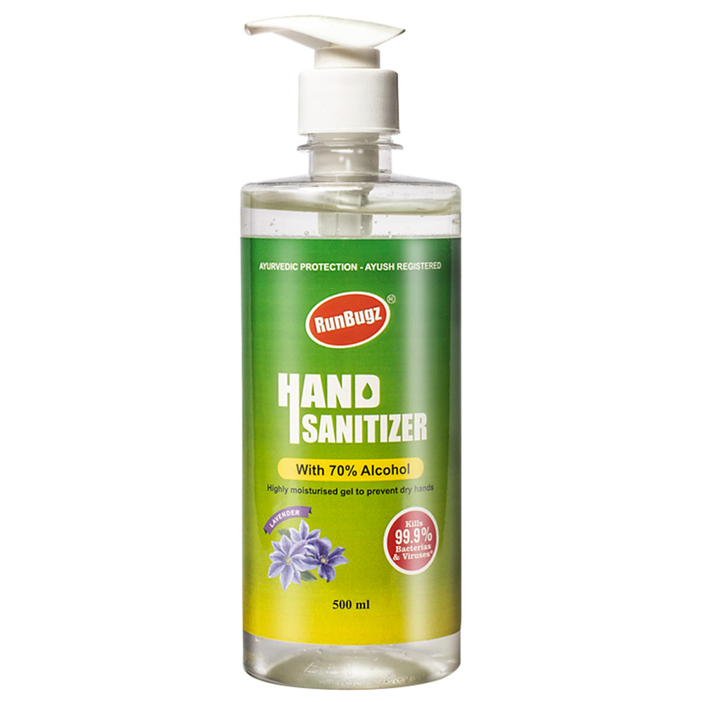 1 - RunBugz Hand Sanitizer with 70% Alcohol,  Lavender  500 ml  Kills 99.9% Bacteria & Virus 
