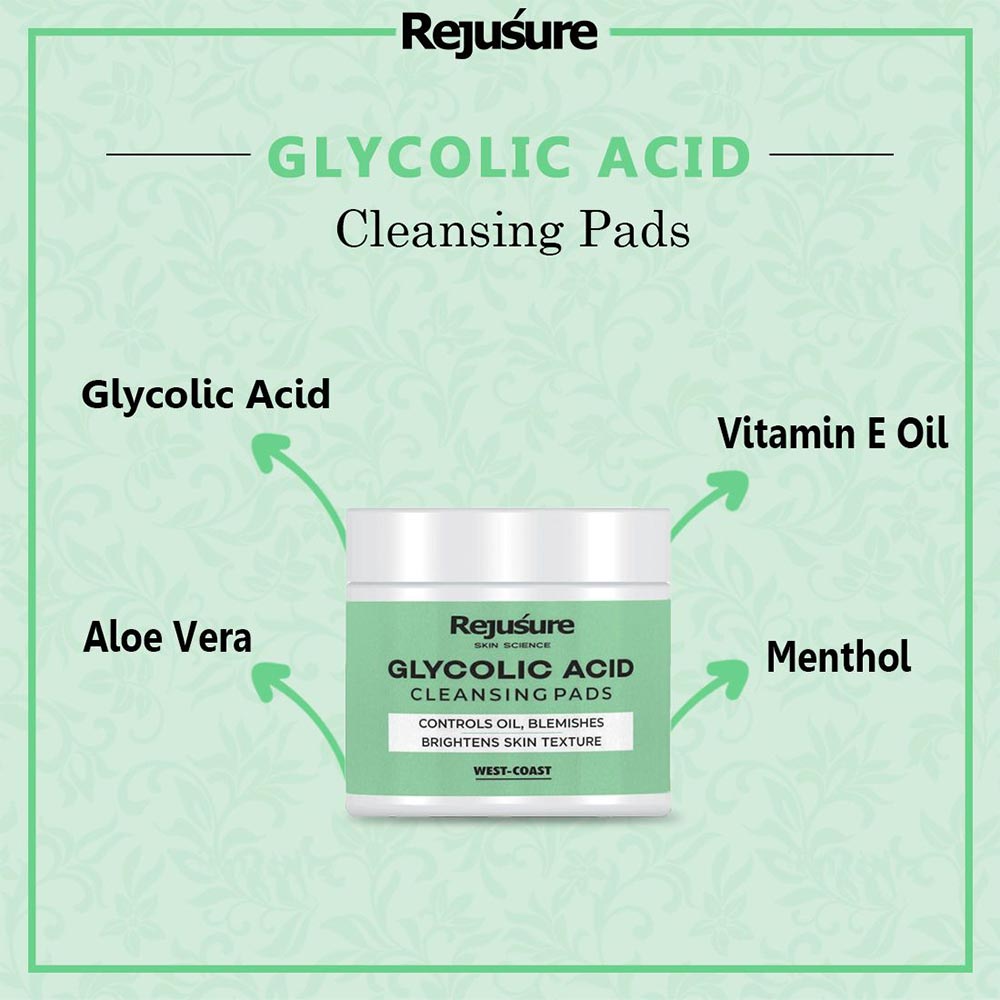 1 - Rejusure Glycolic Acid Cleansing Pads,  50 Piece(s)/Pack  Controls Oil, Blemishes Brightens Skin Texture 