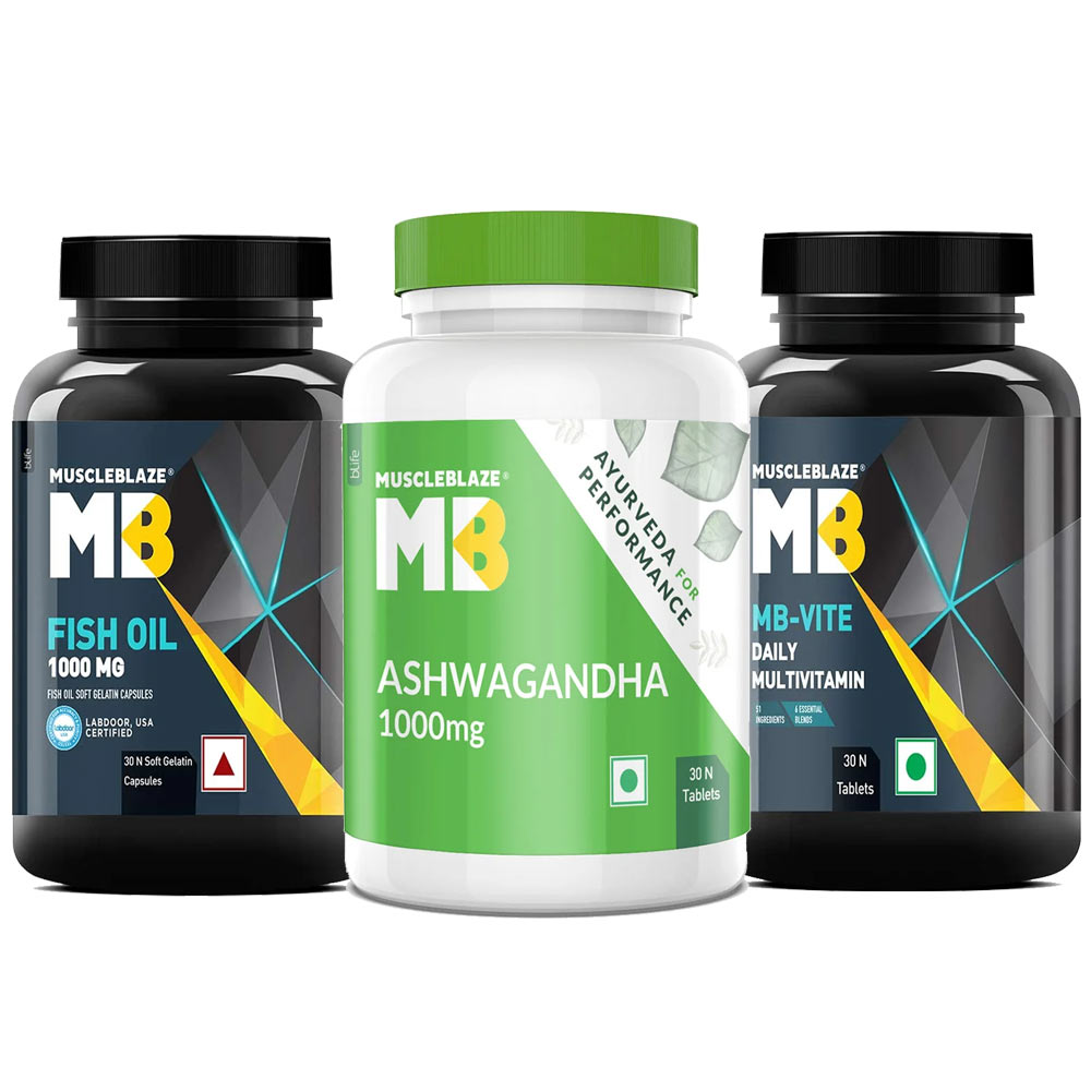 MuscleBlaze Fish Oil & MBVITE Daily Multivitamin & Ashwagandha 30 Tabs