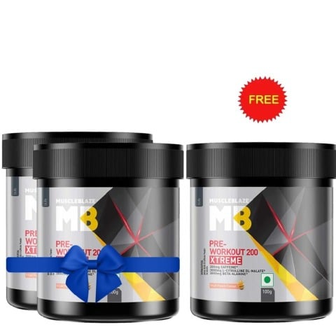 MuscleBlaze PRE Workout 200 Xtreme Fruit Punch 100g Pack (Buy 2 Get one free)