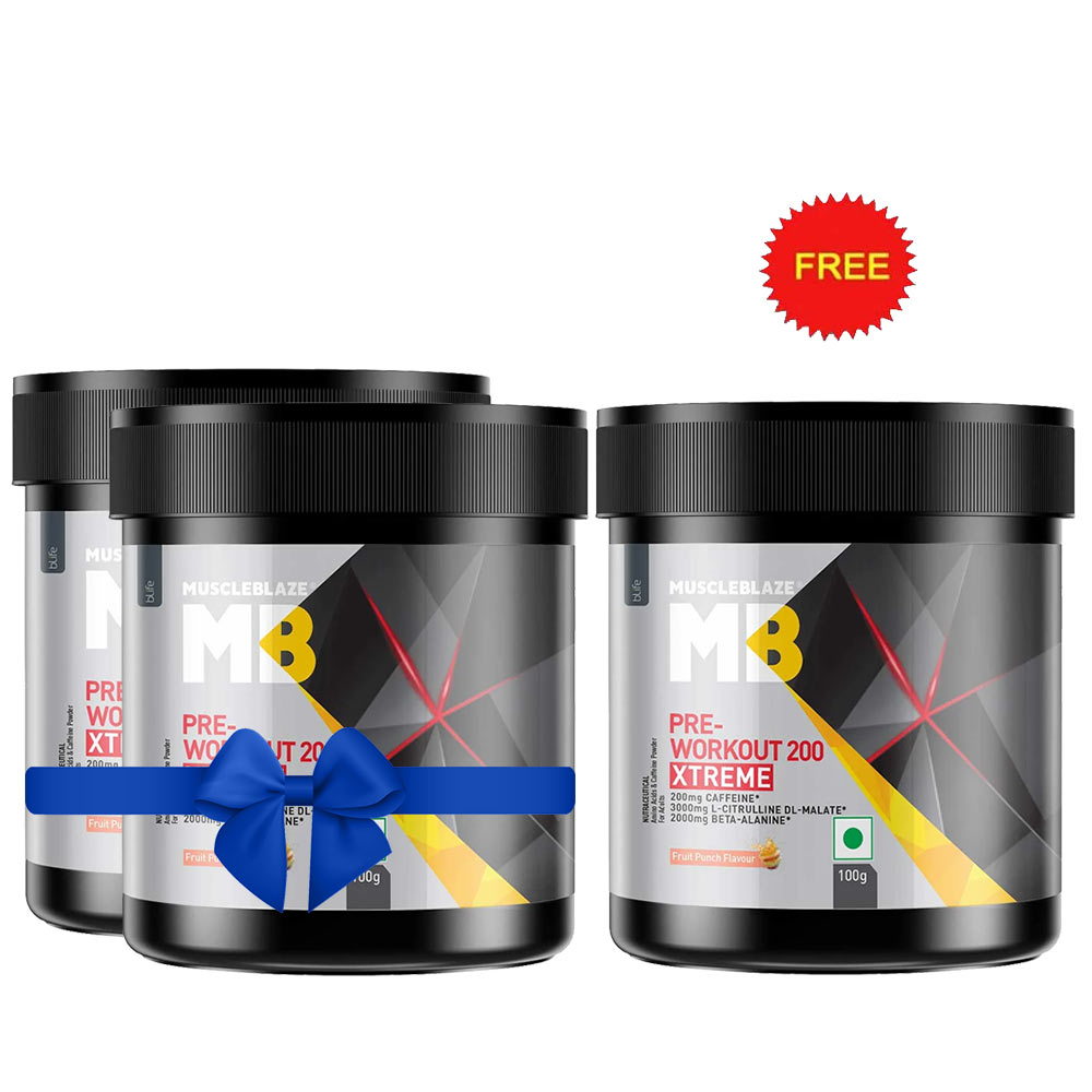 MuscleBlaze PRE Workout 200 Xtreme Fruit Punch 100g Pack (Buy 2 Get one free)