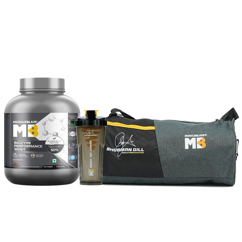 MuscleBlaze Biozyme Performance Whey 2 kg Rich Chocolate & Shaker & Gym Bag Combo