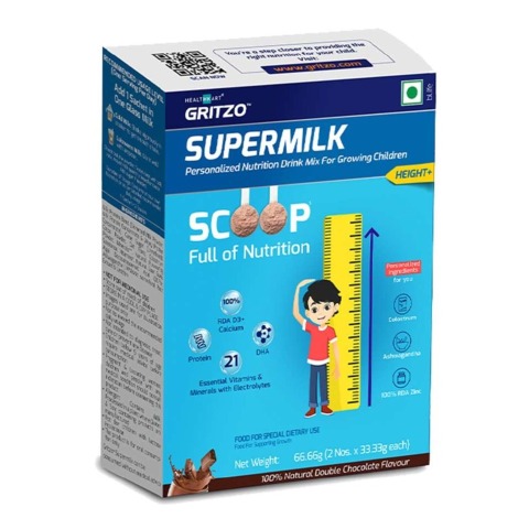 2 - Gritzo SuperMilk Height+ for 4-7 Yrs Personalized Protein & Nutrition Drink Mix,  66.66 g  Double Chocolate (Trial Pack) 