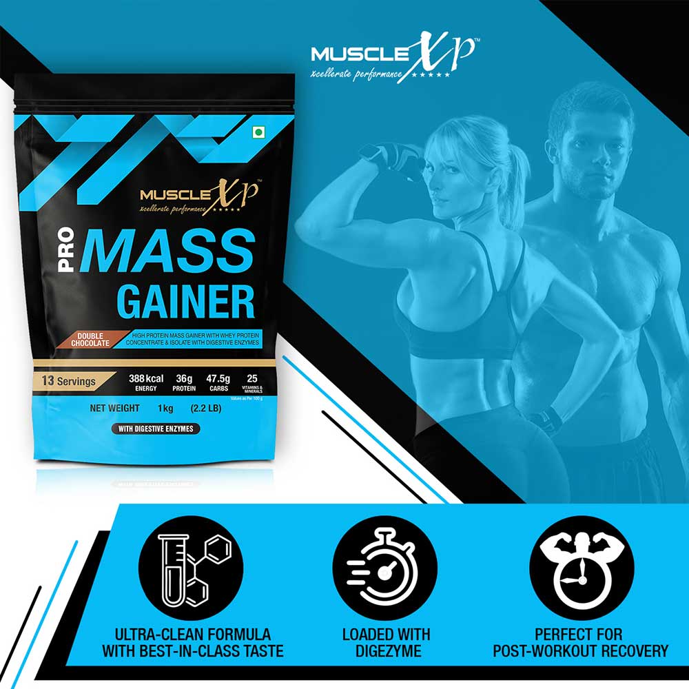 8 - MuscleXP Pro Mass Gainer with Whey Protein,  2.2 lb  Double Chocolate+Shaker 