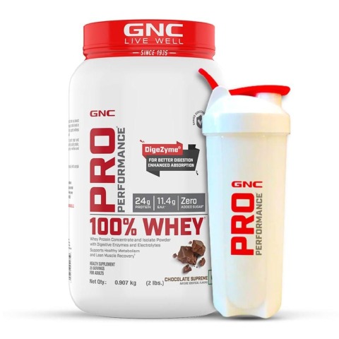 1 - GNC Pro Performance 100% Whey Protein & White Shaker 700 ml Combo, 2 lb Chocolate Supreme