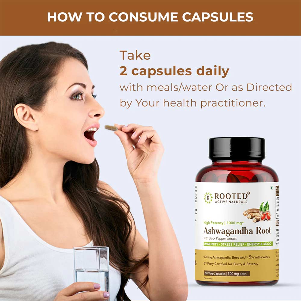 4 - Rooted Active Naturals Ashwagandha Root with Black Pepper Extract 500mg,  60 veggie capsule(s) 