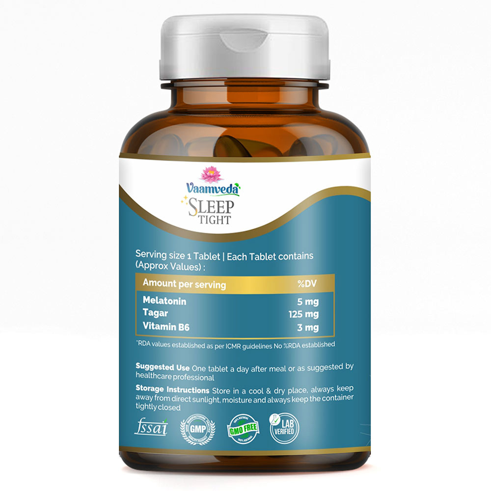 3 - Vaamveda Melatonin Sleeping Pills Strong Medication Neend with Tagar B6,  60 tablet(s)  Unflavoured (Pack of 3) 