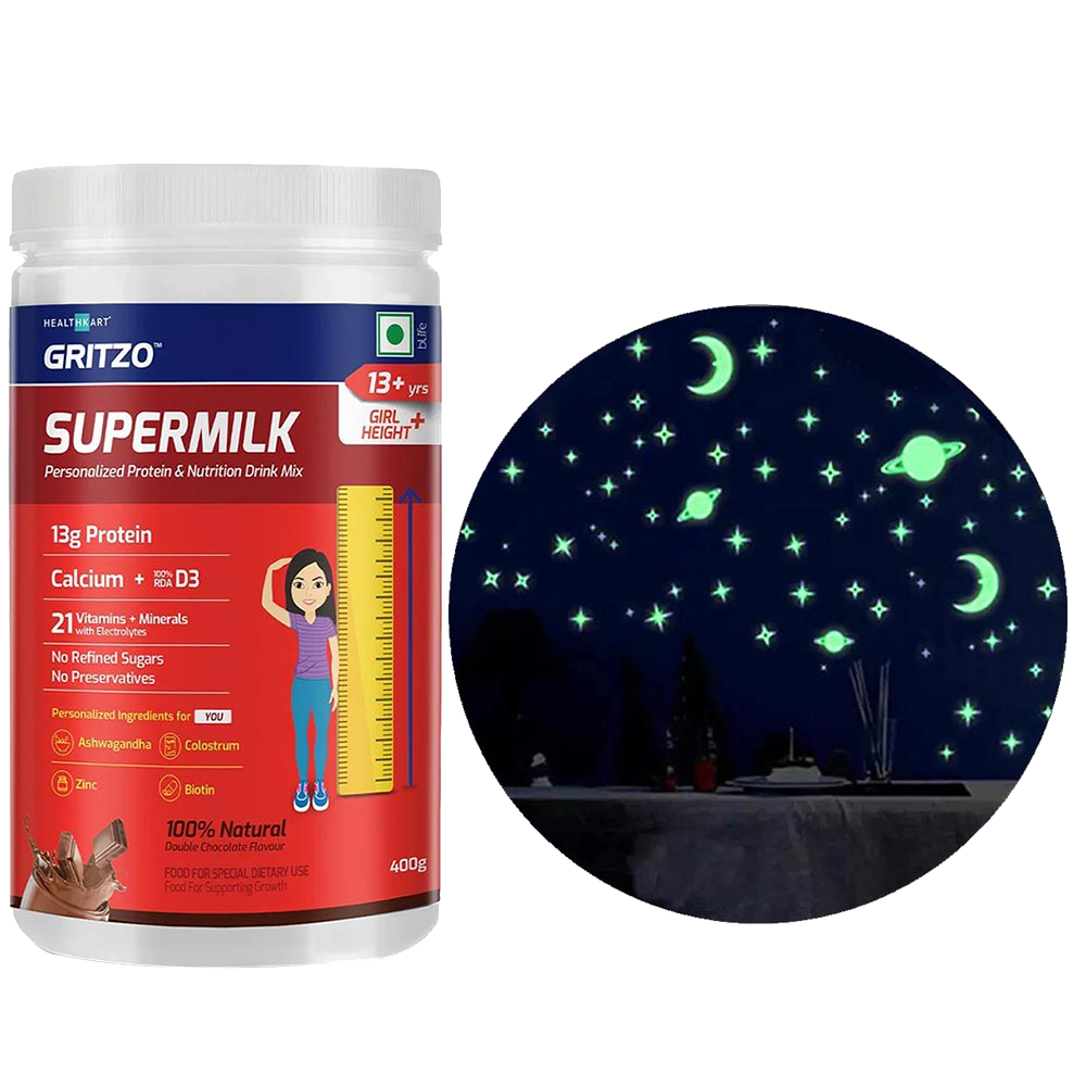 Gritzo SuperMilk Height+ for 13+ Yrs Girls Personalized Protein & Nutrition Drink Mix 400 g Double Chocolate & AWALS Glowing Stars One Multi Combo