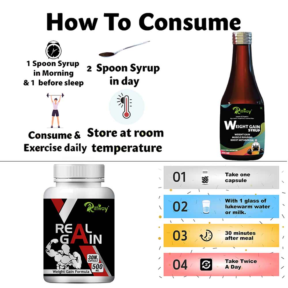 4 - Riffway Weight Gain Syrup 200 ml & Real Gain 30 Capsules Combo,  2 Piece(s)/Pack  Unflavoured 