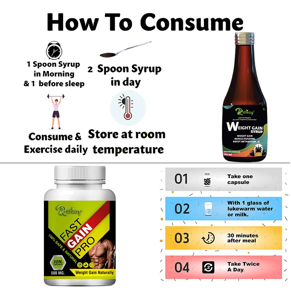 5 - Riffway Weight Gain Syrup 200 ml & Fast Gain Pro 30 Capsules Combo,  2 Piece(s)/Pack  Unflavoured 
