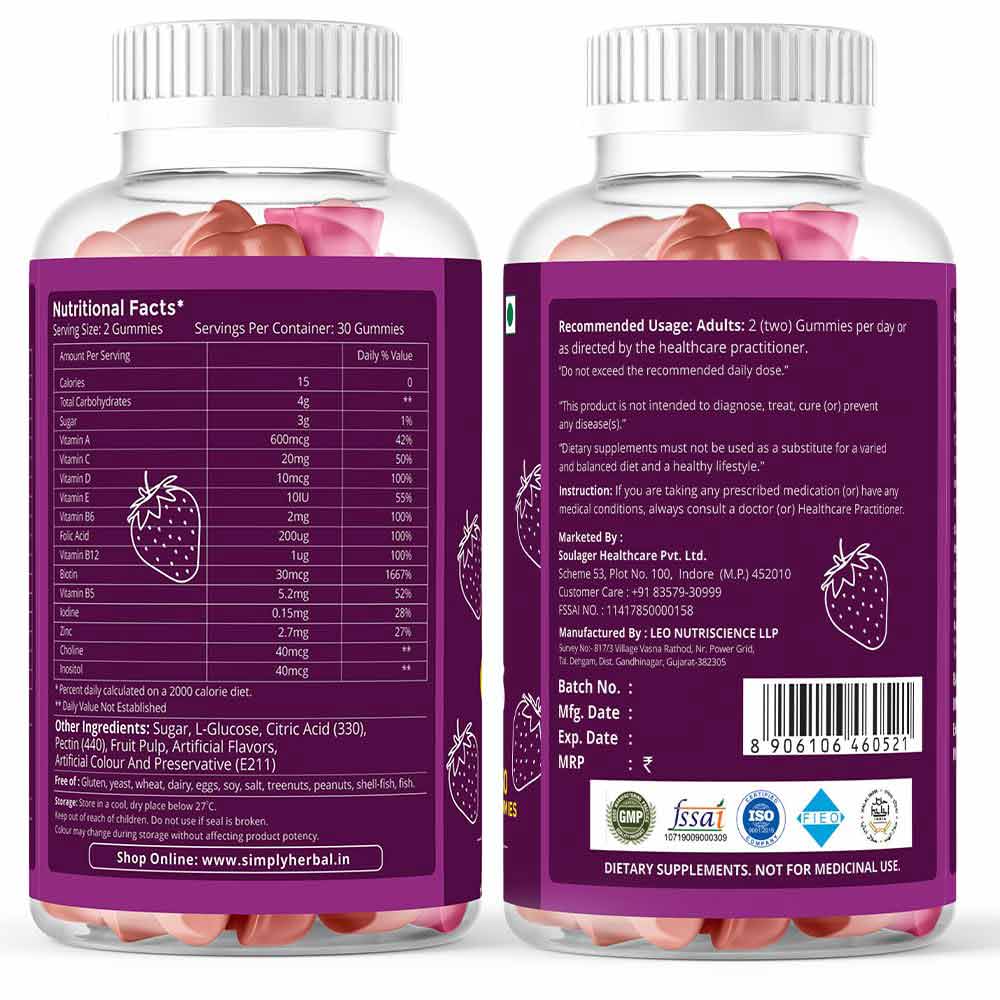 5 - Simply Herbal Multivitamin Gummies & Hair Vitamin Gummies with Biotin Combo,  30 gummies  Strawberry 