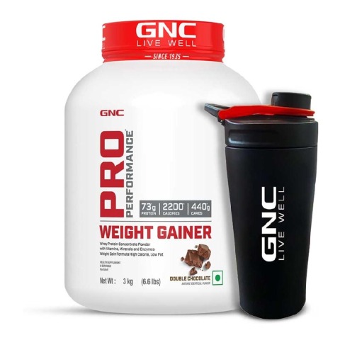 1 - GNC Pro Performance Weight Gainer & Black Steel Shaker 750ml Comb,  6.6 lb  Double Chocolate 