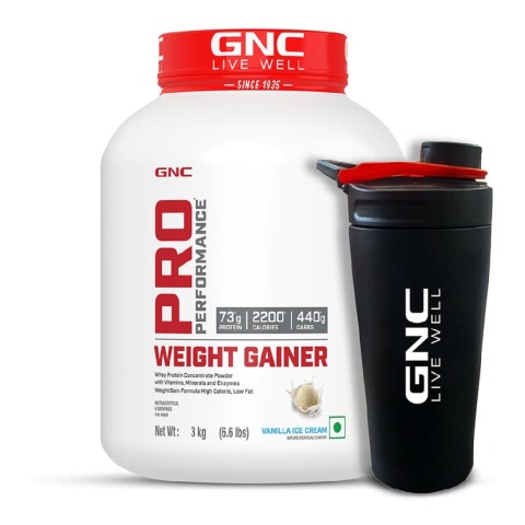 1 - GNC Pro Performance Weight Gainer & Black Steel Shaker 750ml Comb,  6.6 lb  Vanilla Ice Cream 