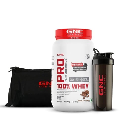 1 - GNC Pro Performance 100% Whey Protein, Gym Bag & Black Plastic Shaker Combo, 2 lb Chocolate Supreme