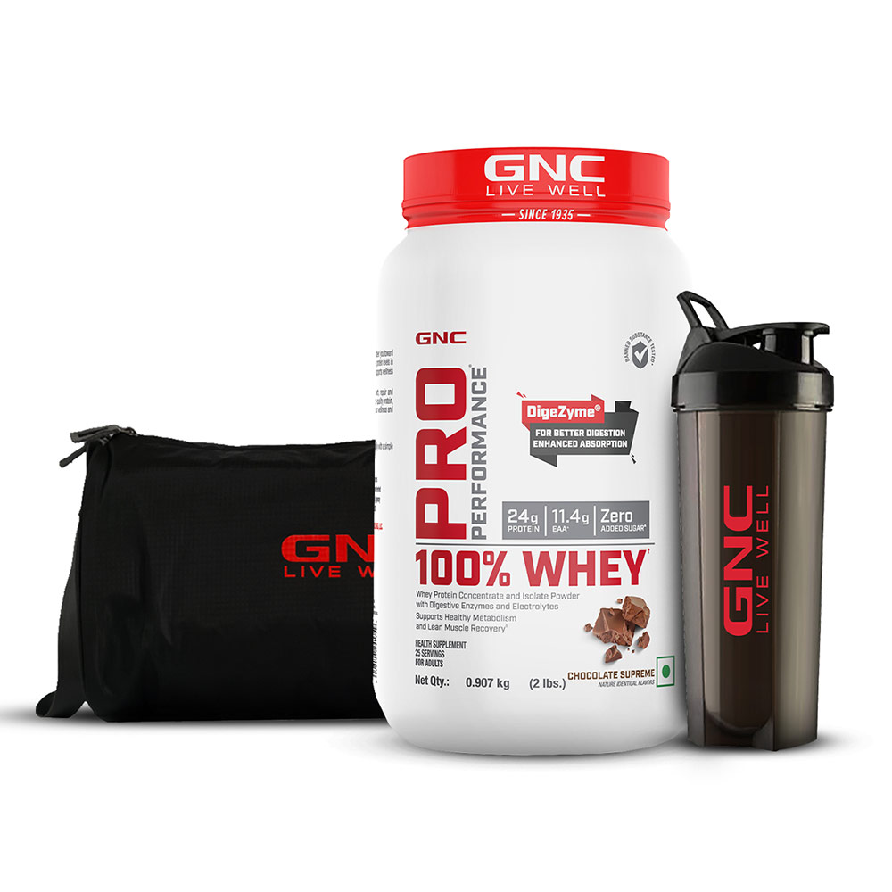 1 - GNC Pro Performance 100% Whey Protein, Gym Bag & Black Plastic Shaker Combo,  2 lb  Chocolate Supreme 