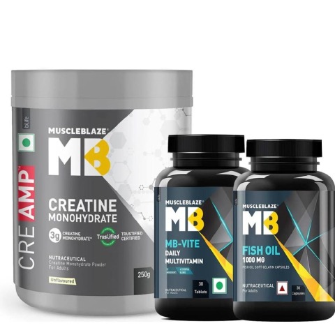 MuscleBlaze Creatine Monohydrate CreAMP Unflavoured 250g & Omega 3 Fish Oil  & MB-VITE Daily Multivitamin 30 Tabs Combo