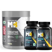 MuscleBlaze Creatine Monohydrate CreAMP Unflavoured 250g & Omega 3 Fish Oil & MB-VITE Daily Multivitamin 30 Tabs Combo