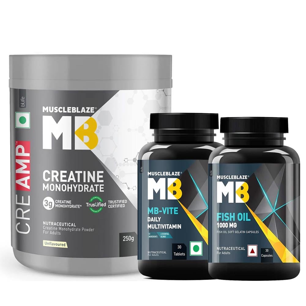 MuscleBlaze Creatine Monohydrate CreAMP Unflavoured 250g & Omega 3 Fish Oil  & MB-VITE Daily Multivitamin 30 Tabs Combo