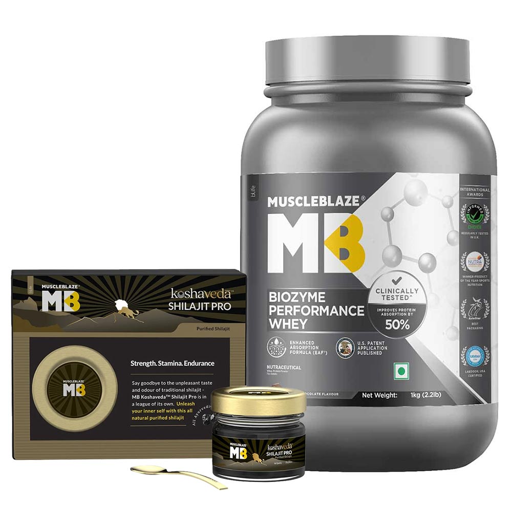 MuscleBlaze Biozyme Performance Whey 1 kg Rich Chocolate & Shilajit Pro 20g Combo
