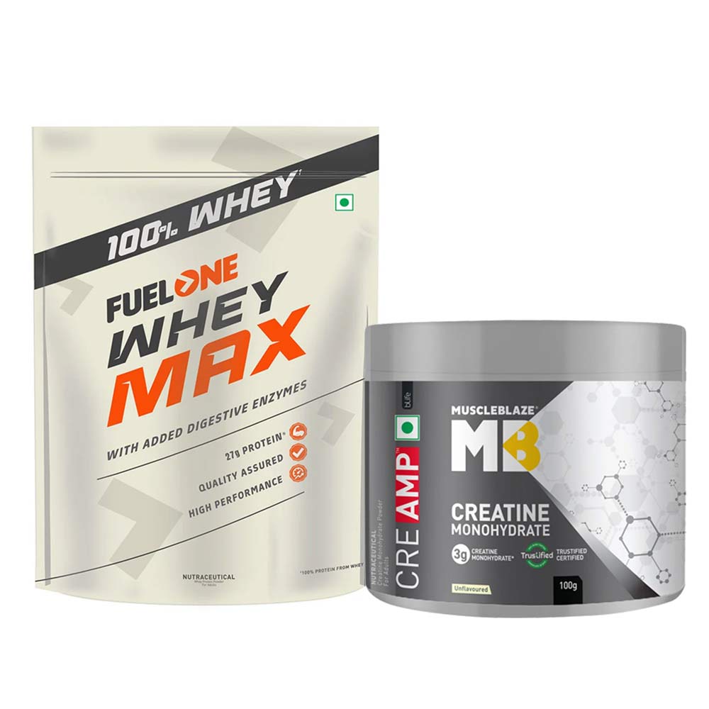 Fuel One Whey Max, 2.2 lb Chocolate & MuscleBlaze Creatine Monohydrate CreAMP 100g Combo