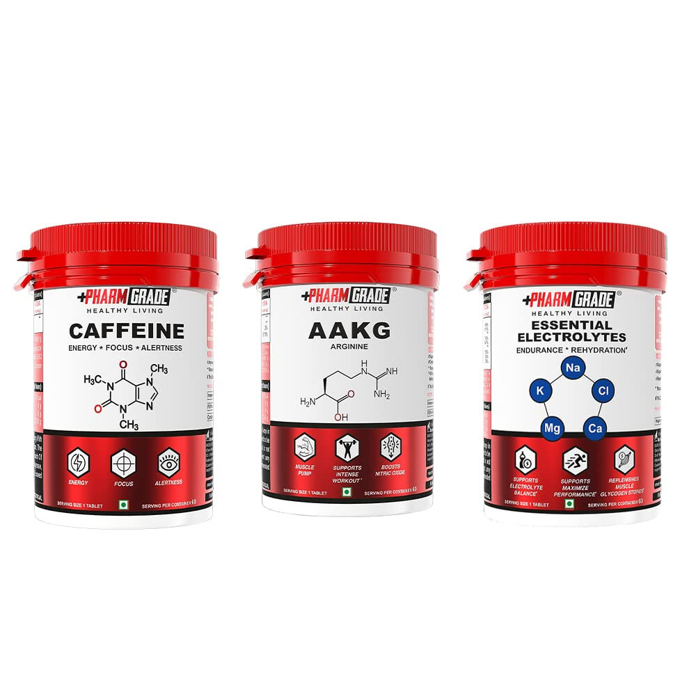 1 - Pharmgrade Healthy Living Caffeine with AAKG & Essential Electrolytes Combo,  60 tablet(s)  Unflavoured (Pre-workout Pack) 