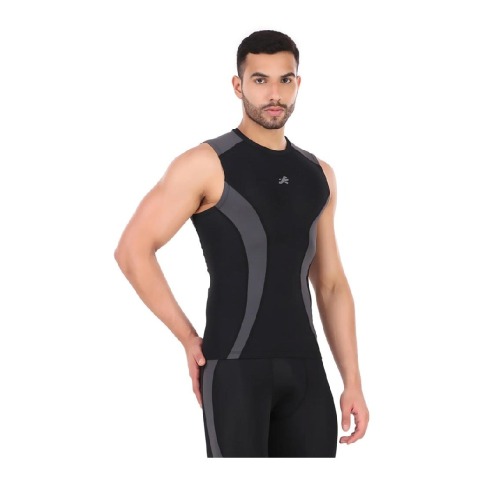 3 - Redesign Nylon DC Compression Cut Sleeve Tshirt,  Black/Dark Grey  Large 
