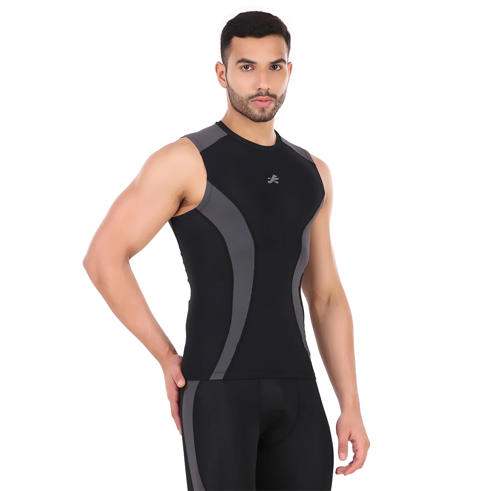 3 - Redesign Nylon DC Compression Cut Sleeve Tshirt,  Black/Dark Grey  Large 