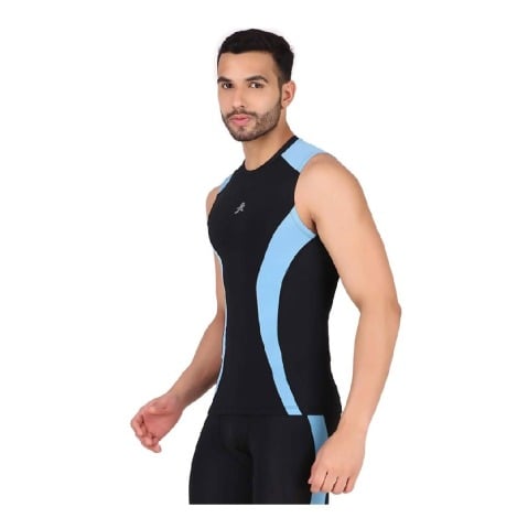 4 - Redesign Nylon DC Compression Cut Sleeve Tshirt,  Black/Aqua Blue  Large 