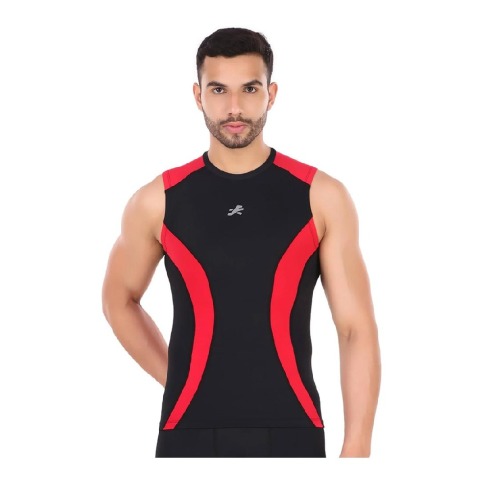 1 - Redesign Nylon DC Compression Cut Sleeve Tshirt,  Black/Red  Large 