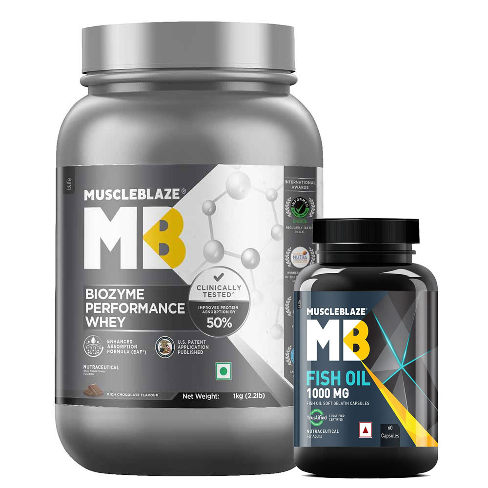 MuscleBlaze Biozyme Performance Whey 1 kg & Fish Oil 60 Caps Combo