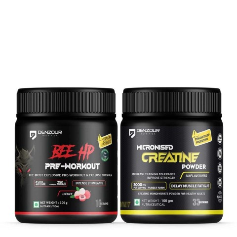 1 - Denzour Nutrition Bee Hp Pre-Workout with Micronised Creatine Powder Combo,  0.22 lb  Lychee & Unflavoured 