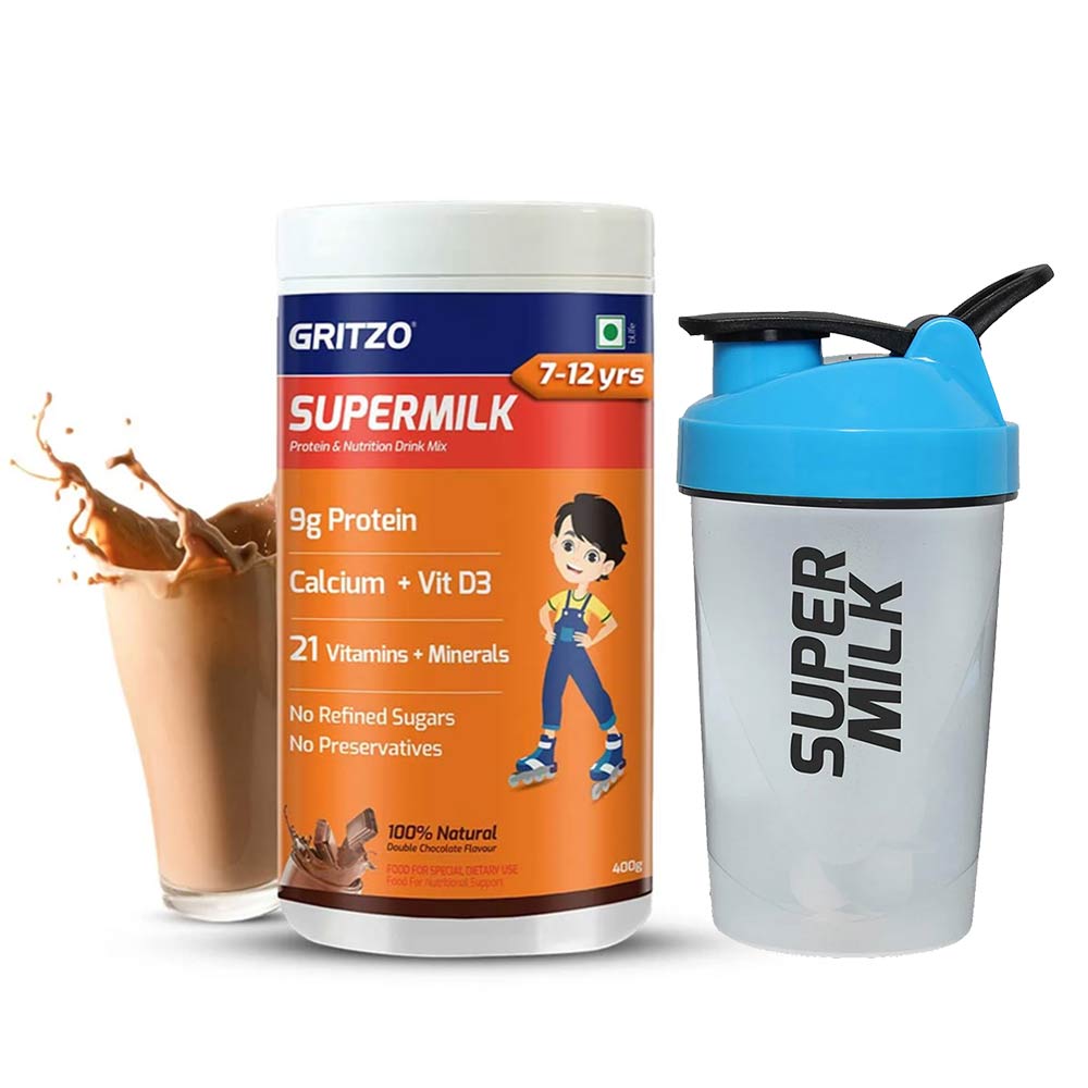 Gritzo SuperMilk Overall Growth for 7-12 Yrs Protein & Nutrition Drink Mix 400 g Double Chocolate & Shaker Combo