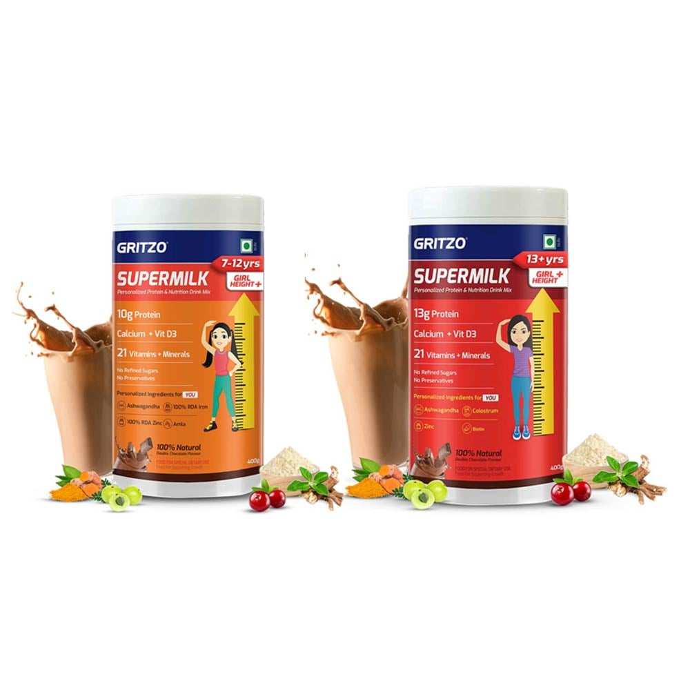 Gritzo SuperMilk Height+ Double Chocolate for 7-12 and 13+ Yrs Girls Combo - 400g x 2