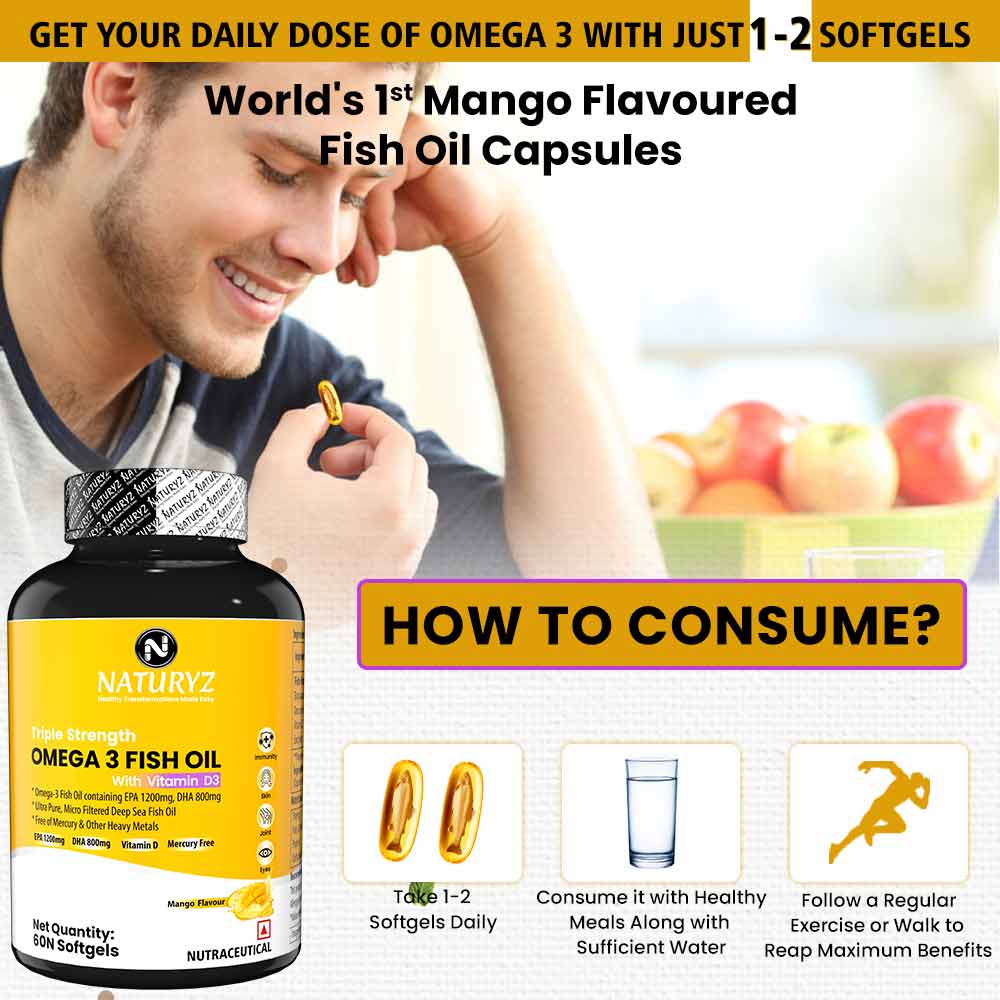 10 - Naturyz Triple Strength Omega 3 Fish Oil with Vitamin D Vanilla 60 Softgels & Mango Flavoured Triple Omega 3 60 Softgels Combo,  2 Piece(s)/Pack 