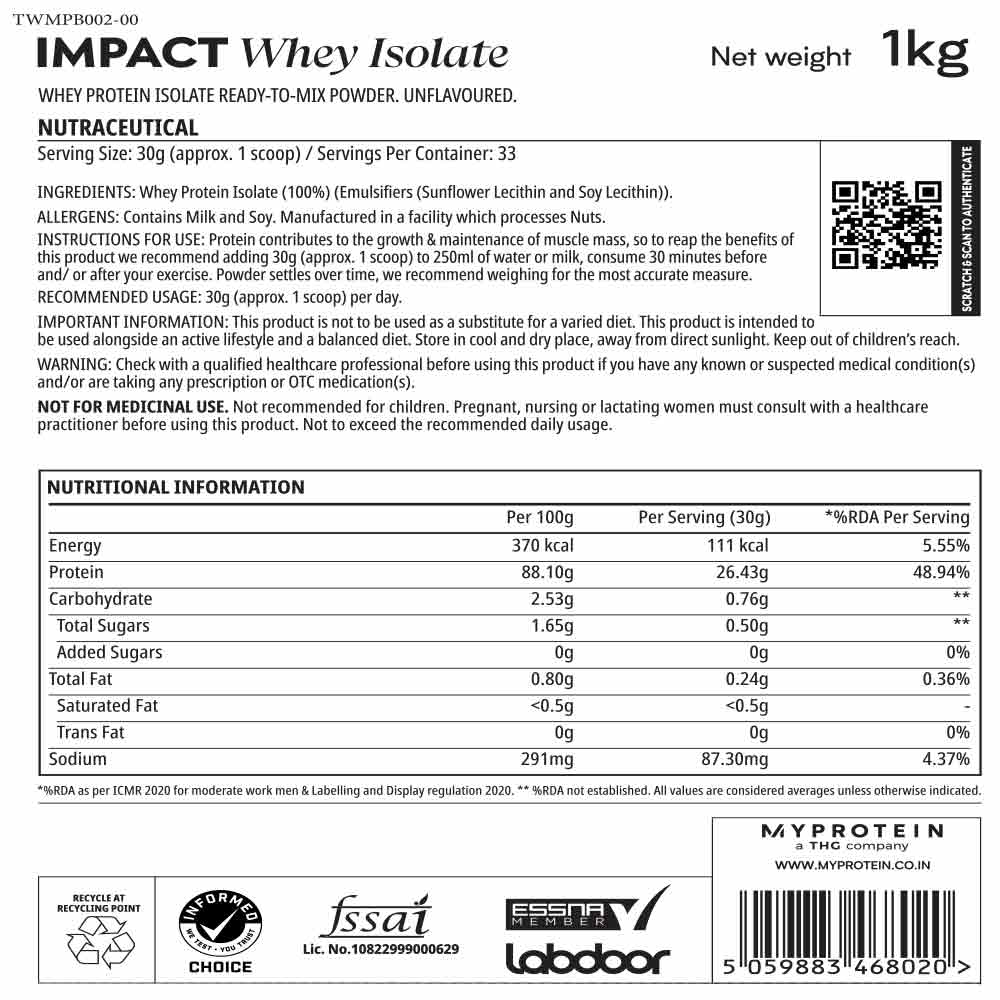 2 - Myprotein Impact Whey Isolate,  2.2 lb  Unflavoured 