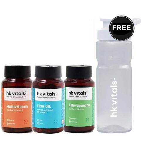 HealthKart HK Vitals Ashwagandha & Multivitamin & Fish Oil 60 Capsules & Sipper Combo