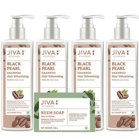 1 - Jiva Ayurveda Black Pearl Shampoo, 200 ml Hair Volumising (Pack of 4) with Free Neem Soap