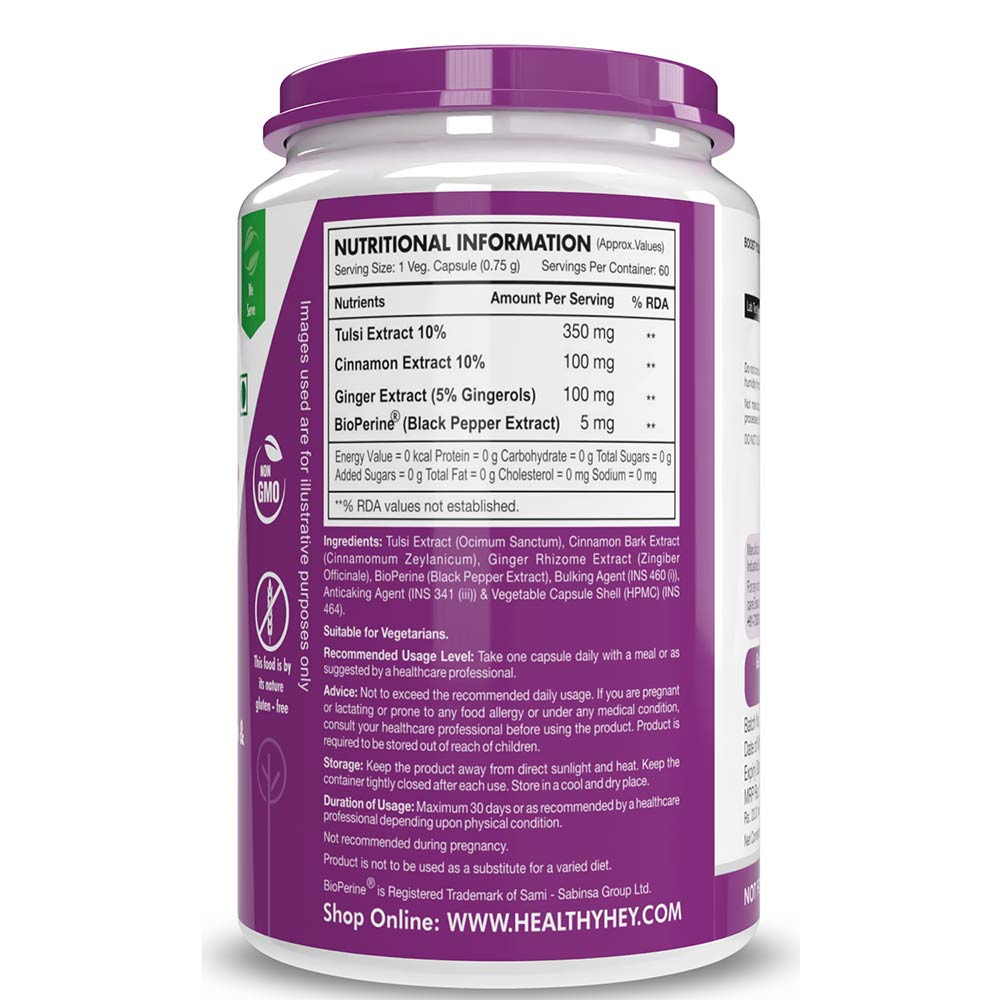 3 - HealthyHey Nutrition Tulsi, Cinnamon, Black Pepper & Ginger Extract,  60 veggie capsule(s) 