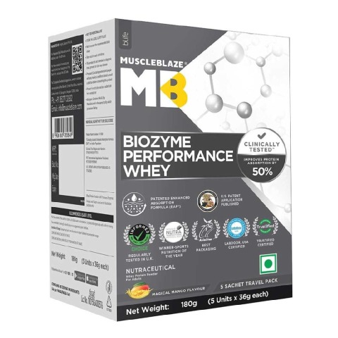 1 - MuscleBlaze Biozyme Performance Whey Protein Powder, 0.39 lb Magical Mango (Mono Carton)(5x36g) Travel Pack