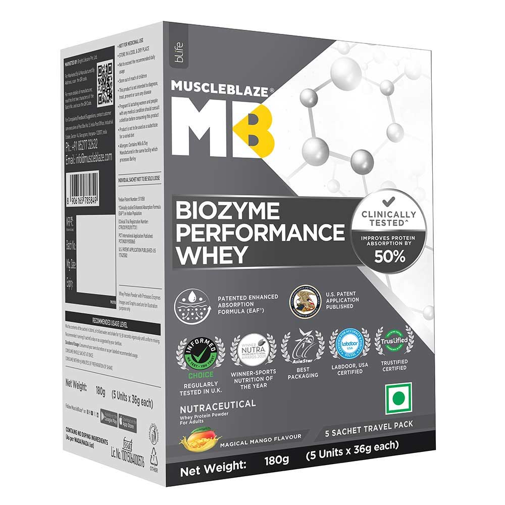 1 - MuscleBlaze Biozyme Performance Whey Protein Powder,  0.39 lb  Magical Mango (Mono Carton)(5x36g) Travel Pack 