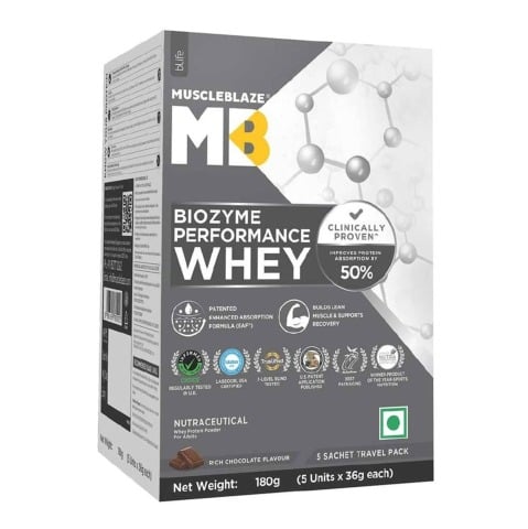 1 - MuscleBlaze Biozyme Performance Whey., 0.4 lb Rich Chocolate Travel Pack (5x36g) sachets